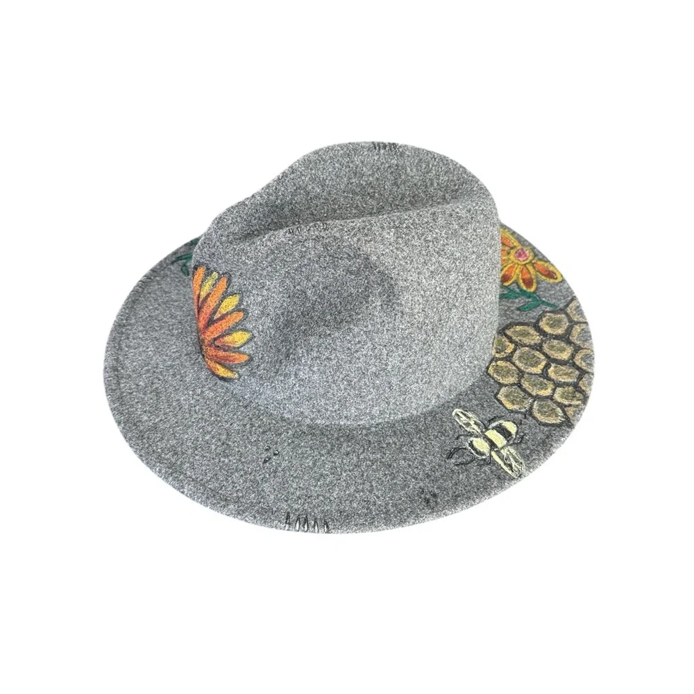 Hand-Painted Wool Fedora Hat | Floral & Bee Design | Artist Signed | NWOT